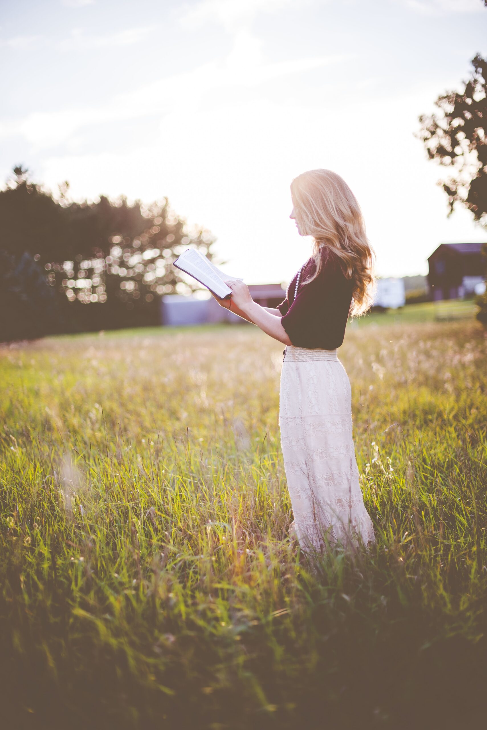 shallow focus shot of a white female reading the bible under the bright rays of the sun